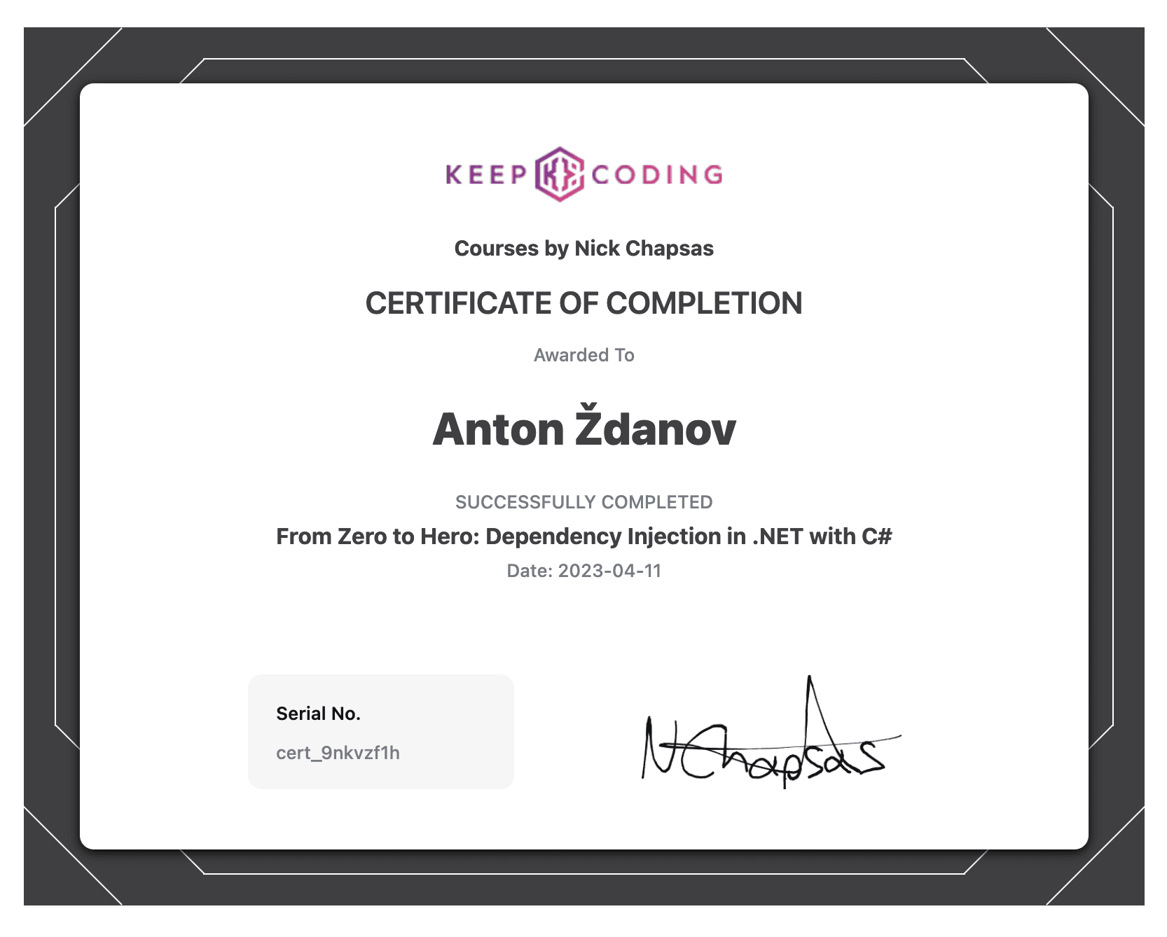 Certificate for completing From Zero to Hero: Dependency injection in .NET with C#